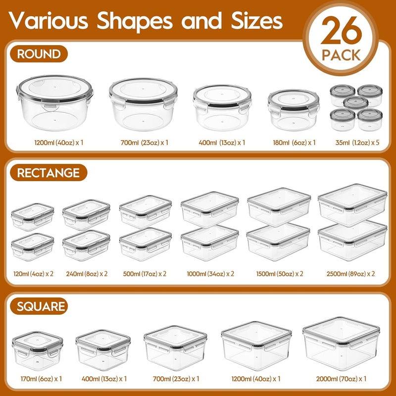 KEMETHY 52 PCS Food Storage Containers with Lids Airtight (26 Containers & 26 Lids), Leak proof Meal Prep Container Set for Kitchen Storage, BPA-free, PVC-free Plastic, Microwave/Dishwasher Safe, Labels & Pen - Image 2